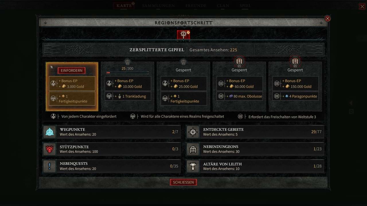 Belohnungen einfordern beim Regionsfortschritt in Diablo 4